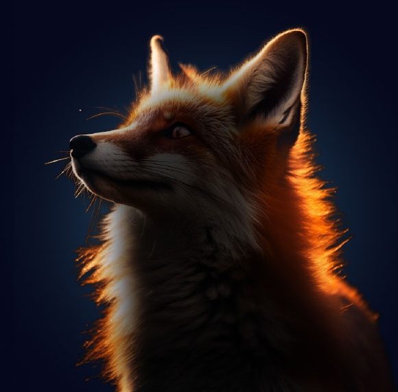 Backlit fox face looking out for bad guys.